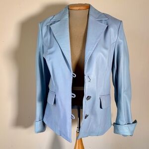 Terry Lewis Leather Blazer, Light Blue 90s, Sm, Missing Button. Pastel Easter